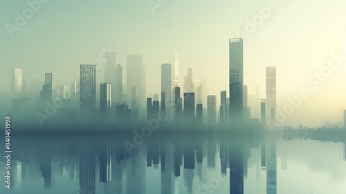 A digital artwork depicting a hazy cityscape with tall skyscrapers reflecting on a calm body of water