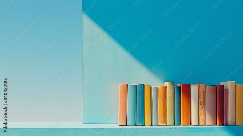 Obraz premium A row of books on the right side with a blue background in the style of flat lay photography and in a minimalistic style.