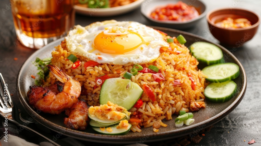 Delicious fried rice with shrimp and fried egg meal Delicious fried rice with shrimp and fried egg meal