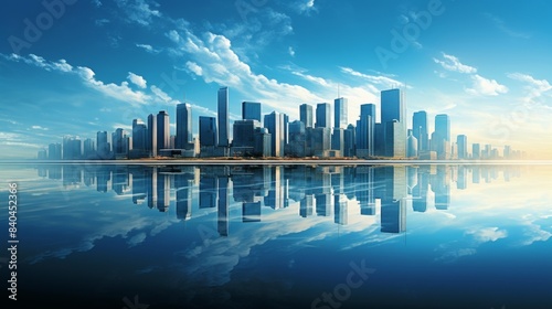 A beautiful cityscape with sleek skyscrapers reflected in calm water under a clear blue sky