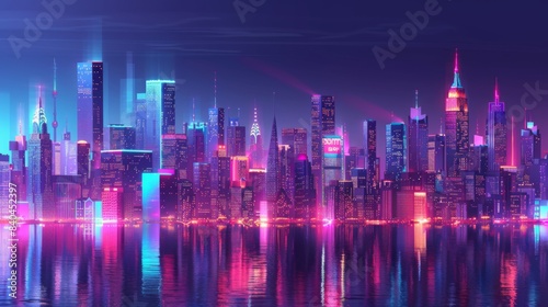 Night city skyline with neon glow. Illustration with architecture  skyscrapers  megapolis  buildings  downtown