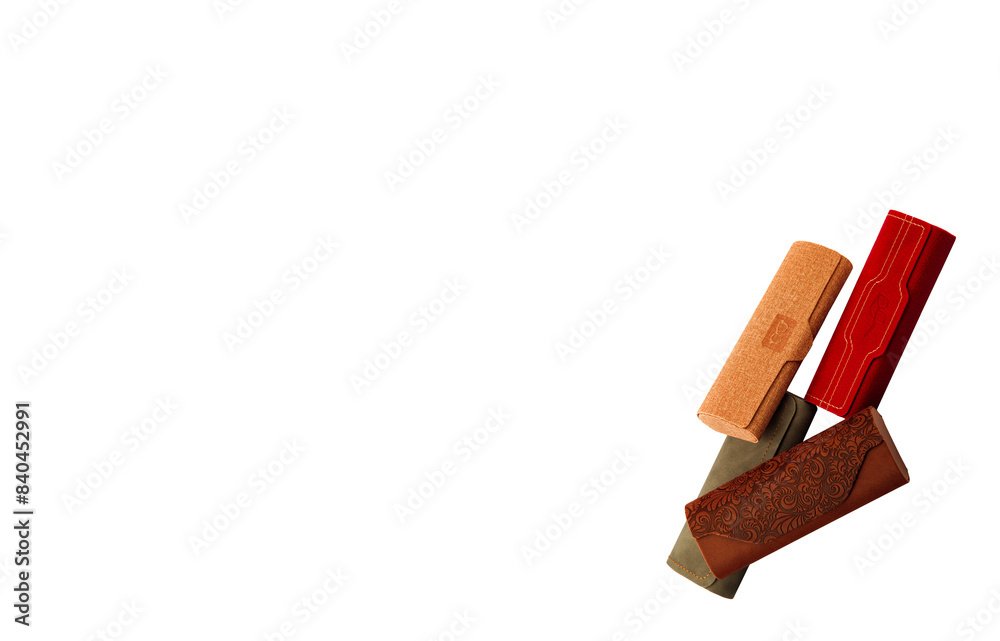 Case for glasses. Glasses in a leather case for storing sunglasses. Magnetic cover. lie horizontally. on an isolated white background. Close-up. place for text. Case for glasses. Glasses in a leather case for storing sunglasses. Magnetic cover. lie horizontally. on an isolated white background. Close-up. place for text.