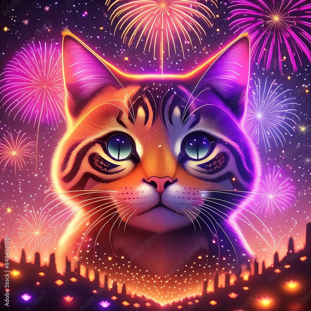 ファンタスティックな猫の形の花火がキラキラ輝く星空 ファンタスティックな猫の形の花火がキラキラ輝く星空