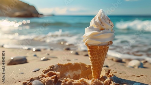 ice cream in cone sandy beach background, sunny day, outside outdoors