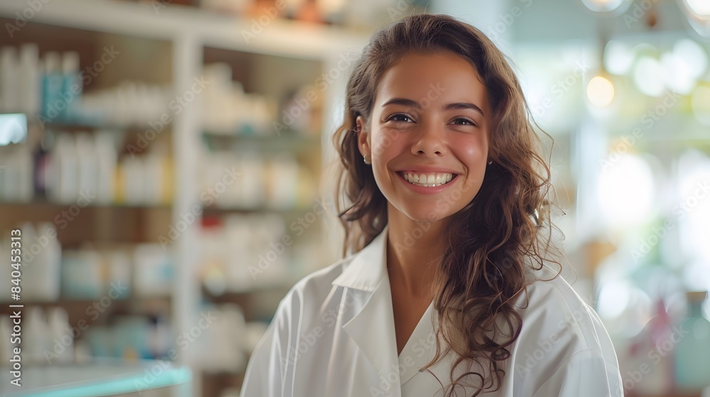 A smiling female pharmacy technician in a white coat standing inside a drug store, a copy space concept background for advertising about health care and spa service advertisement. A smiling female pharmacy technician in a white coat standing inside a drug store, a copy space concept background for advertising about health care and spa service advertisement.