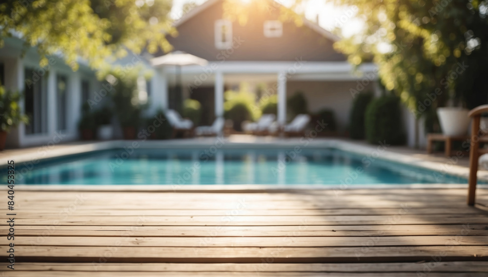 Wooden terrace by the pool in the backyard of a villa, the rays of the sun illuminate the surface of the terrace, the background of the image is blurred Wooden terrace by the pool in the backyard of a villa, the rays of the sun illuminate the surface of the terrace, the background of the image is blurred