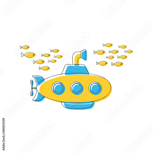 Submarine with a school of fish doodle illustration