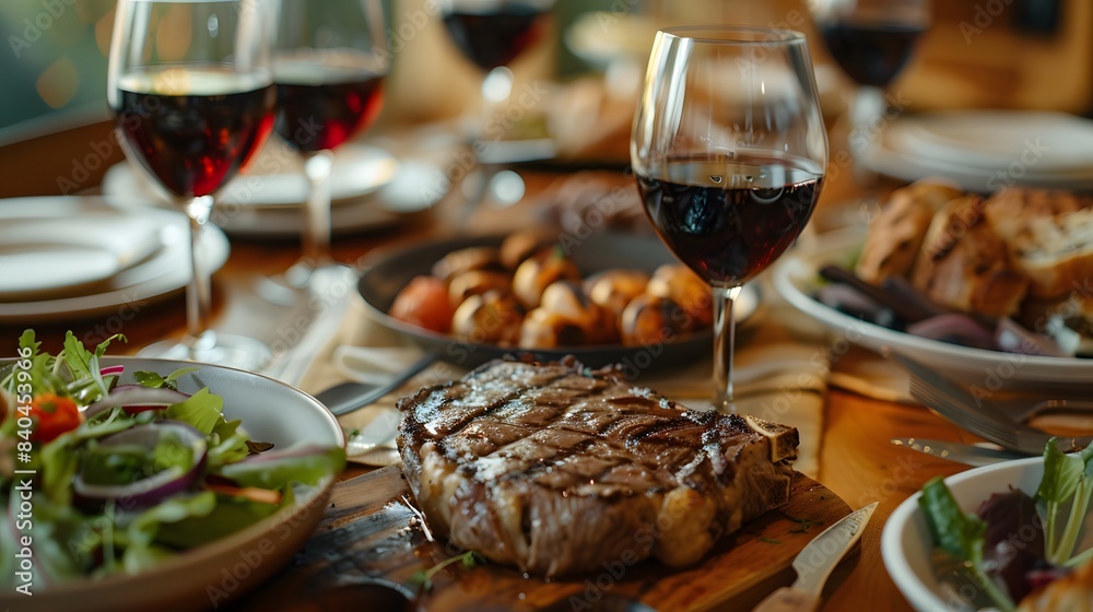 A table set with an array of delicious dishes, including steaks and salad, is captured in the photo. The setting includes glasses filled with red wine on wooden tables. A table set with an array of delicious dishes, including steaks and salad, is captured in the photo. The setting includes glasses filled with red wine on wooden tables.