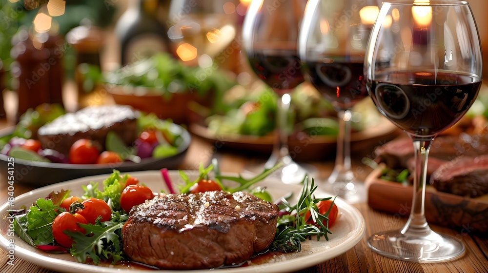 A table set with an array of delicious dishes, including steaks and salad, is captured in the photo. The setting includes glasses filled with red wine on wooden tables. A table set with an array of delicious dishes, including steaks and salad, is captured in the photo. The setting includes glasses filled with red wine on wooden tables.