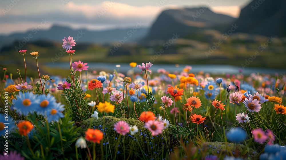 A vibrant nature peatland landscape with wildflowers blooming among the moss