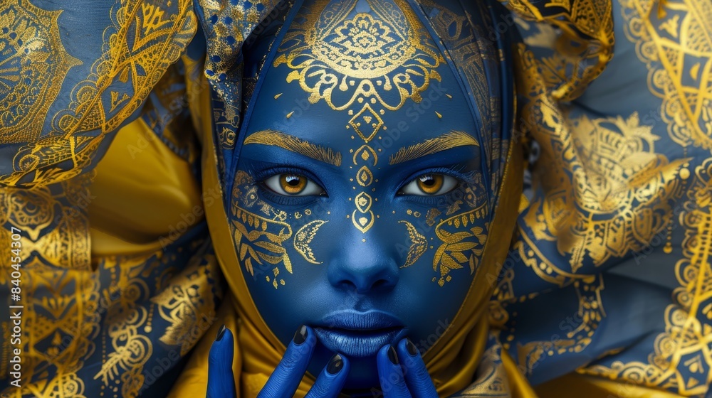 Obraz premium Woman with blue skin and intricate gold patterns on their face and hands, wearing a headscarf with a matching gold and blue pattern