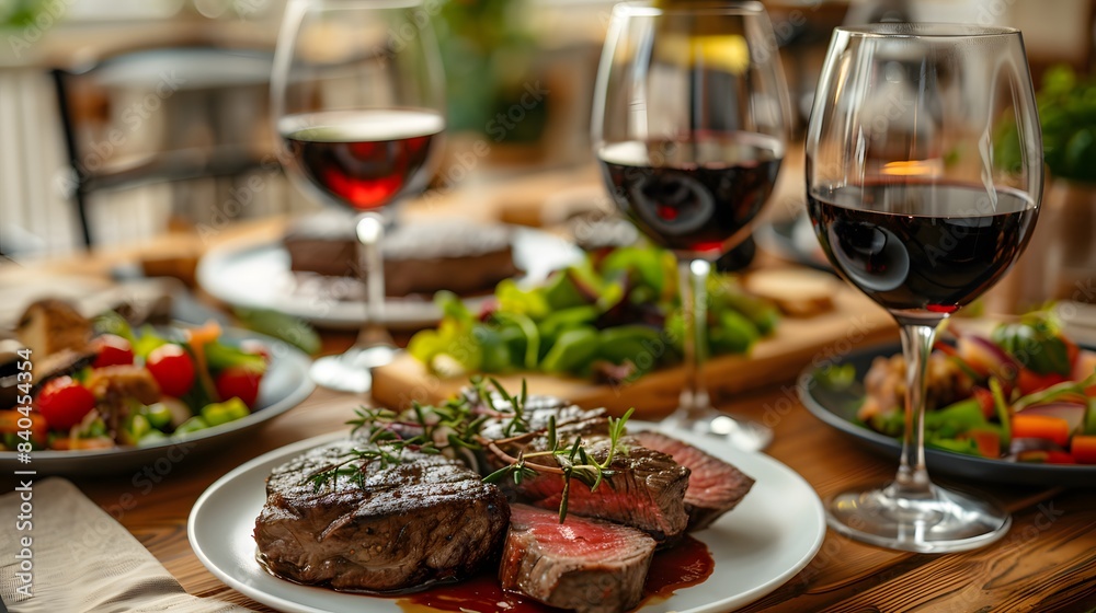 A table set with an array of delicious dishes, including steaks and salad, is captured in the photo. The setting includes glasses filled with red wine on wooden tables. A table set with an array of delicious dishes, including steaks and salad, is captured in the photo. The setting includes glasses filled with red wine on wooden tables.