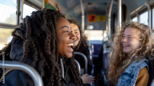 Students happily chatting and laughing inside a school bus during their ride home © BURIN93