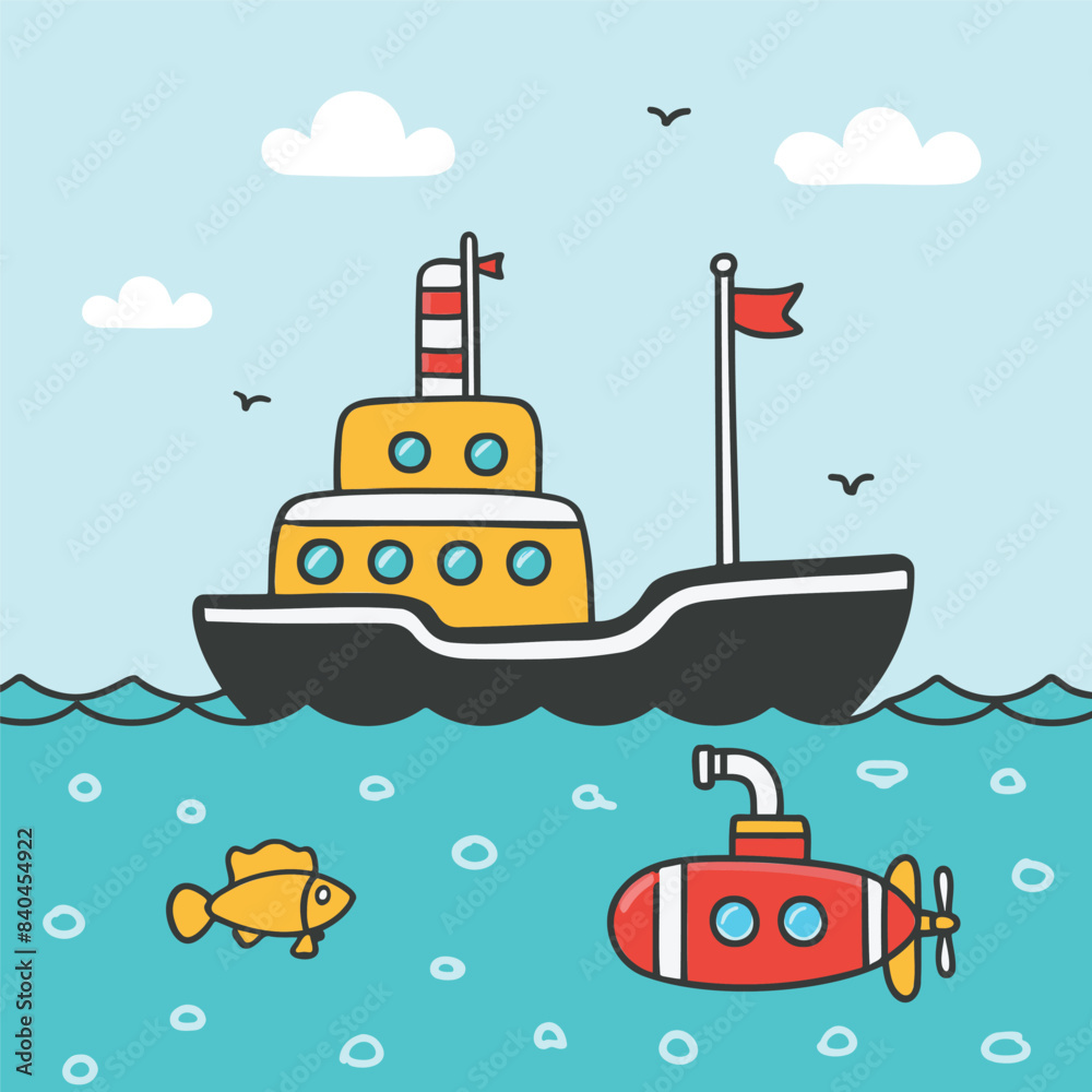 Submarine with a ship doodle illustration Submarine with a ship doodle illustration