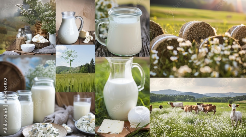 A collage of images featuring various dairy products such as milk, cheese A collage of images featuring various dairy products such as milk, cheese