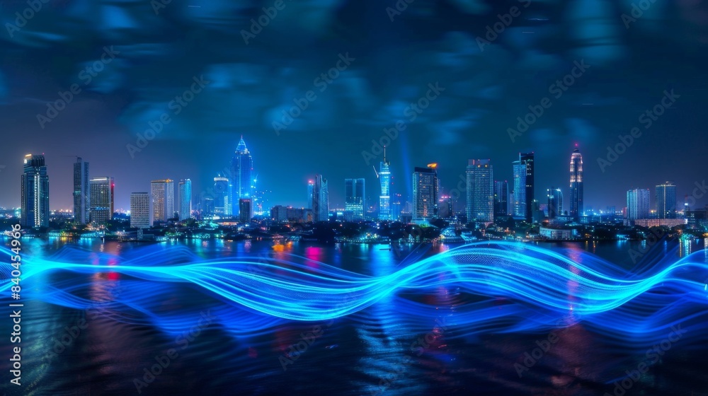 Fototapeta premium Smart city and big data connection technology concept with digital blue wavy wires with antennas on night megapolis city skyline background,