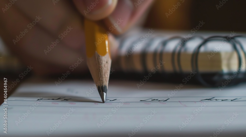 A close-up of a student's hand writing with a mechanical pencil on lined paper A close-up of a student's hand writing with a mechanical pencil on lined paper