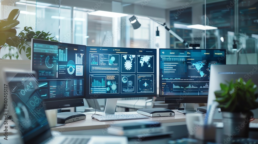 Fototapeta premium A high-tech workspace with multiple screens displaying various e-learning platforms and resources