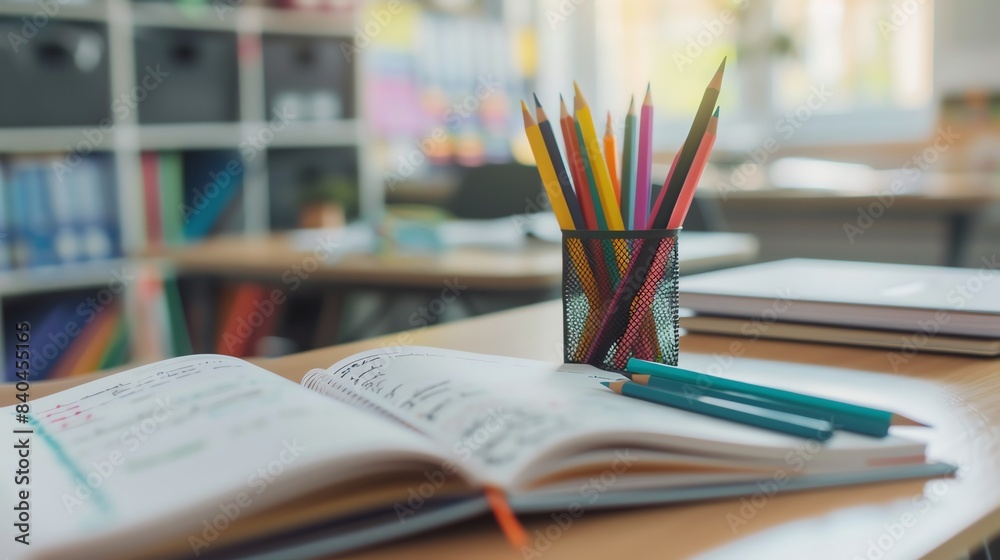 A neatly arranged school desk with an open textbook, notebook, and a cup of pencils A neatly arranged school desk with an open textbook, notebook, and a cup of pencils
