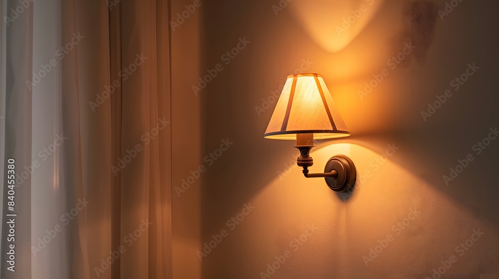 A wall lamp is shining on the left side of an empty beige room, illuminated by soft light from a single source. creating a cozy atmosphere.