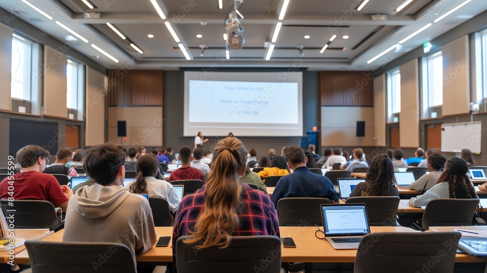 Obraz premium A modern lecture hall filled with students using laptops and digital note-taking tools