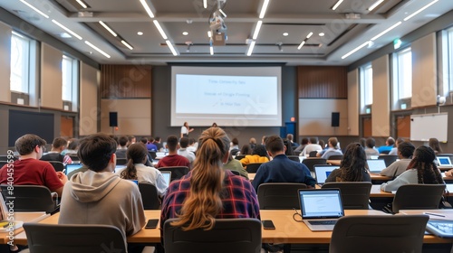 A modern lecture hall filled with students using laptops and digital note-taking tools