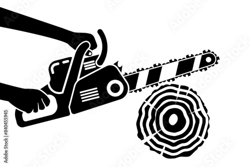 Silhouette man saws a log with a chainsaw. The lumberjack holds a gasoline chain saw in hands. Professional working instrument tool. Vector illustration flat design.
