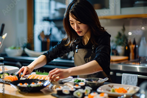portrait of asian woman cooking sushi at the kitchen