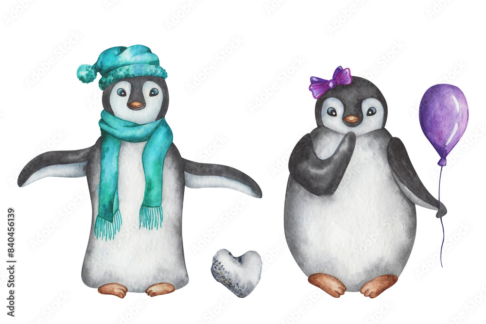 Fototapeta premium Watercolor illustration. Hand painted cartoon penguin girl and boy with stone, hat, balloon, scarf, bow. Penguin characters in love, dating. Marine birds. Isolated clip art for Valentine, Christmas