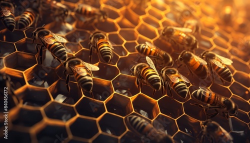 Bee colony flat design top view hive 3D render Monochromatic Color Scheme photo