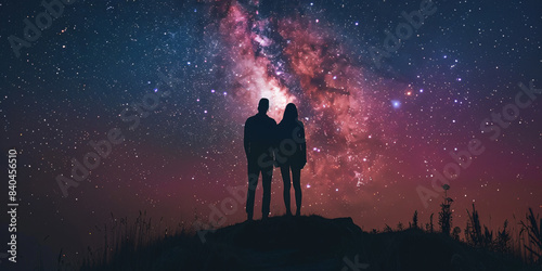 star gazing and love concept, silhouette of couple over star sky