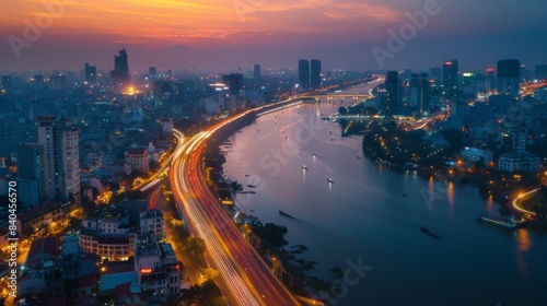 Smart city and wireless communication network concept. Digital network connection lines of Hanoi city  Vietnam