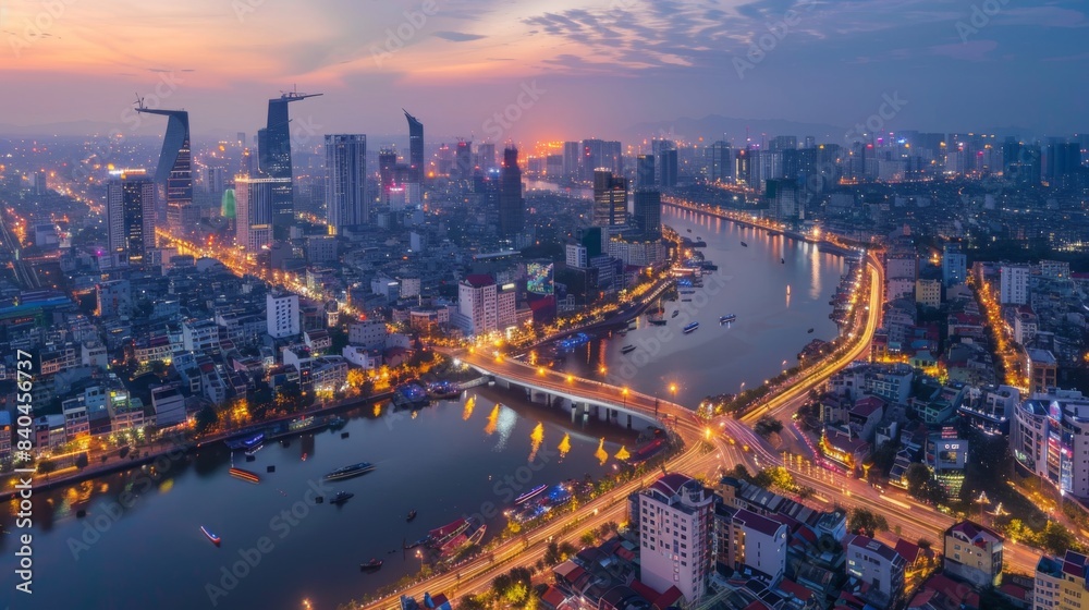 Fototapeta premium Smart city and wireless communication network concept. Digital network connection lines of Hanoi city, Vietnam