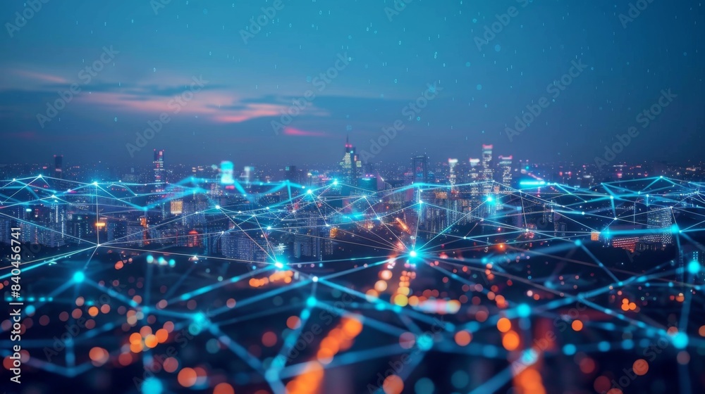 Fototapeta premium Smart city connection dot point connect with line network, technology metaverse concept.Big data connection technology.