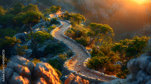 A vibrant nature ravine landscape with a winding path through the rocky terrain