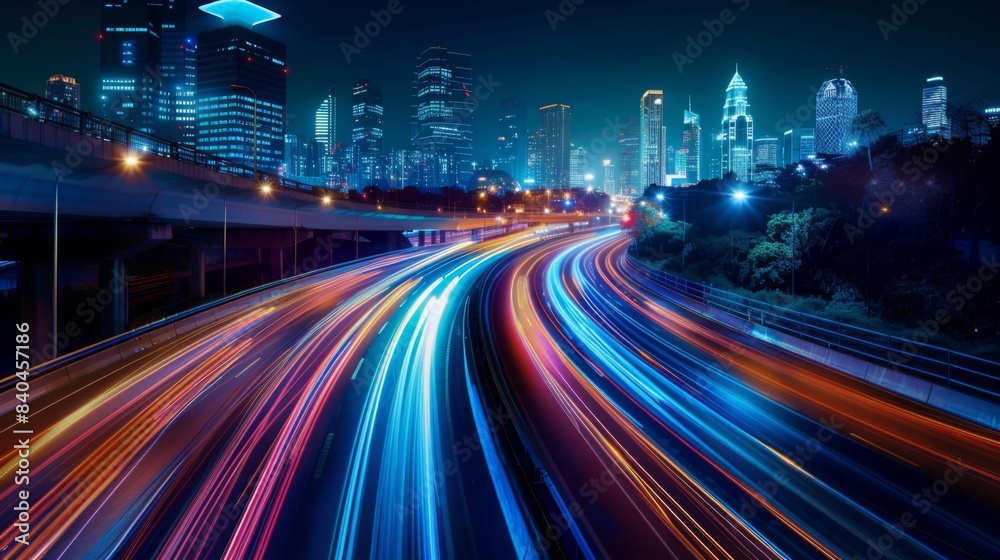Smart city with speed line glowing light trail surround the city. big data connection technology concept Smart city with speed line glowing light trail surround the city. big data connection technology concept