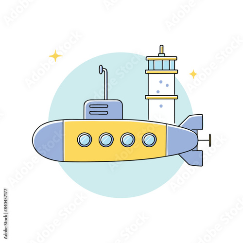 Submarine near a research station doodle illustration