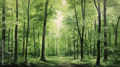 Watercolor painting of a verdant forest path  with sunlight filtering through the leafy canopy