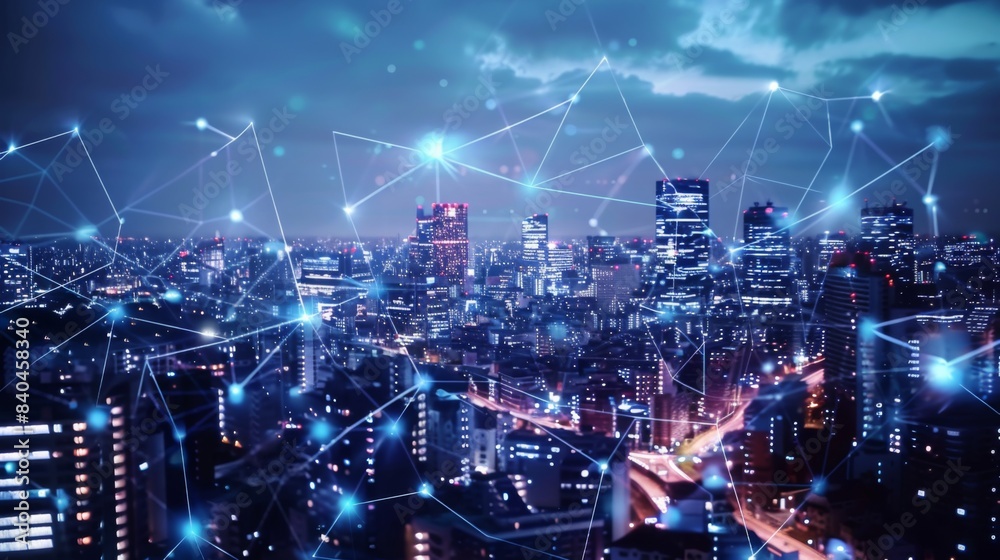Smart digital city with connection network reciprocity over the cityscape . Concept of future smart wireless digital city and social media Smart digital city with connection network reciprocity over the cityscape . Concept of future smart wireless digital city and social media