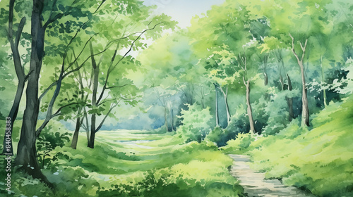Watercolor forest path landscape