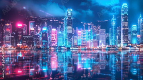 Smart network and Connection technology concept  Hong Kong digital city background at night in victoria harbour 