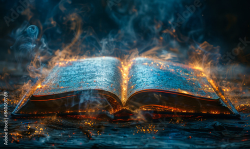 Mystical Open Magic Book with Glowing Pages and Enchanting Smoke on Dark Background at Night - Magic  Fantasy  Wizardry  Enchantment Concept