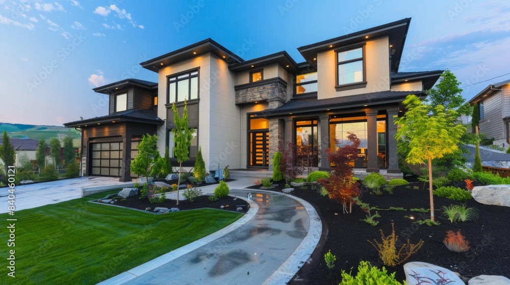 Modern house with beautiful landscaping during sunset Modern house with beautiful landscaping during sunset