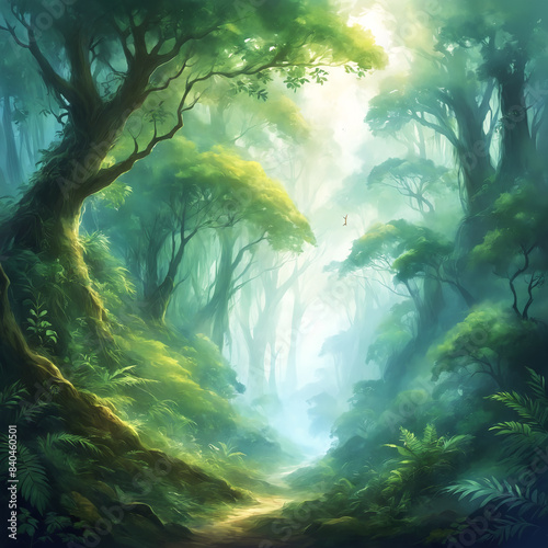 Green forest filled with trees and ferns. The detailed foliage and the vibrant green color give the scene a sense of depth and life.