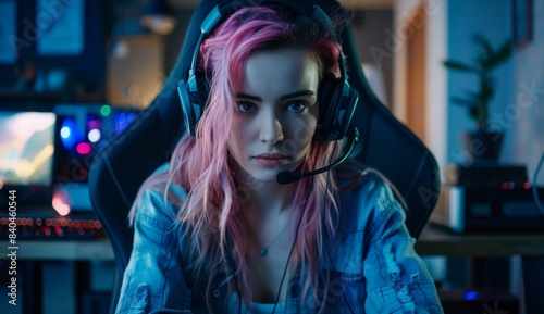 A beautiful pink hair gamer girl wearing headphones sitting in front of her gaming setup