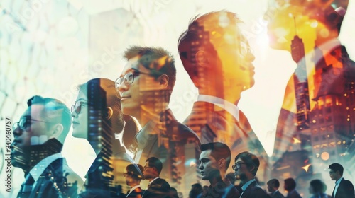 Success of business concept. Positive business. Double exposure of group of multinational businesspeople. photo