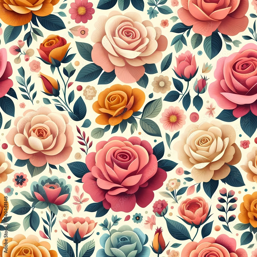 Seamless pattern illustration background of colorful flat roses flowers wallpaper. Seamless pattern illustration background of colorful flat roses flowers wallpaper.