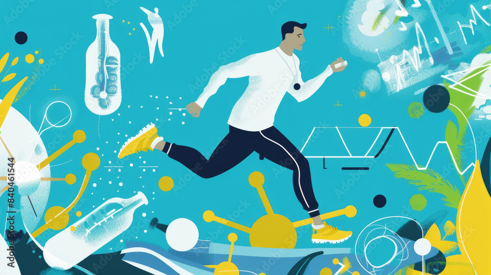 An abstract illustration of a runner, depicted in blue, white, and yellow hues, set against a turquoise background An abstract illustration of a runner, depicted in blue, white, and yellow hues, set against a turquoise background