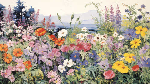 Watercolor forest landscape with flowers