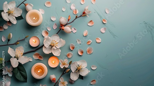 Wellness, spa beauty banner template. Modern design with flowers and candles on a isabelline background. Copy space photo